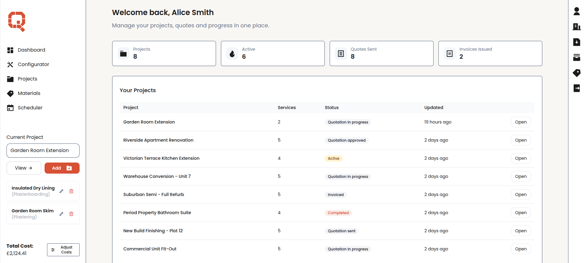 Quote My Build dashboard showing projects, quotes and scheduling